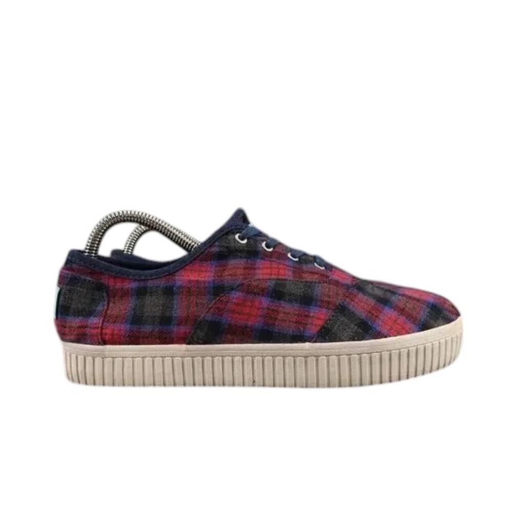 Toms Shoes Womens 8 Sneaker Cordones Indio Casual Fashion Plaid Red Blue Lace Up